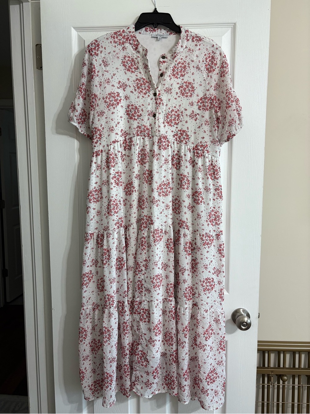 Polagram Floral Tiered Midi Dress Ivory Red Button Front Size Medium